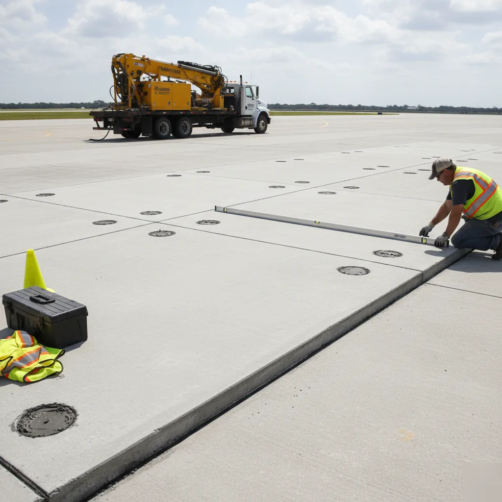Completed airport runway slab lift showing a level surface after foam injection in Azalea Park, FL