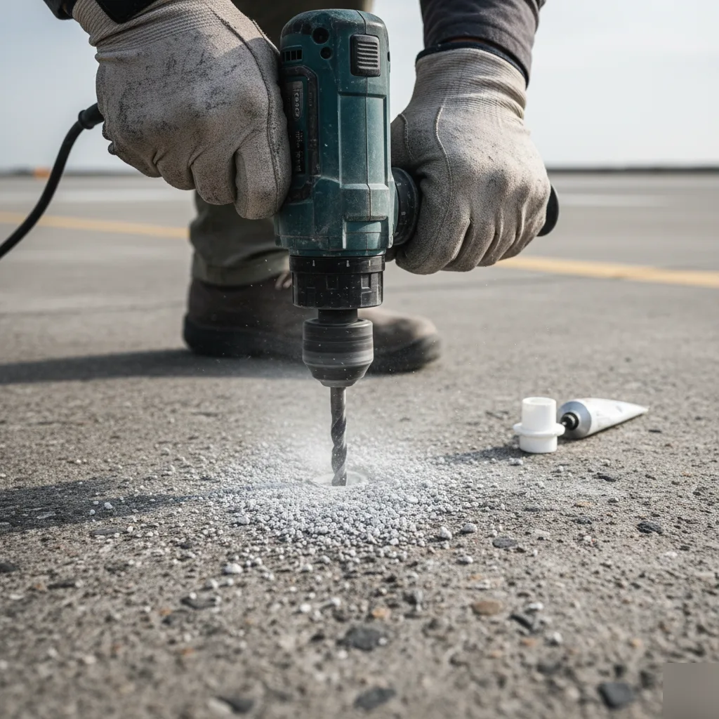 Drilling a polyurethane foam injection port into an airport runway slab in Azalea Park, FL