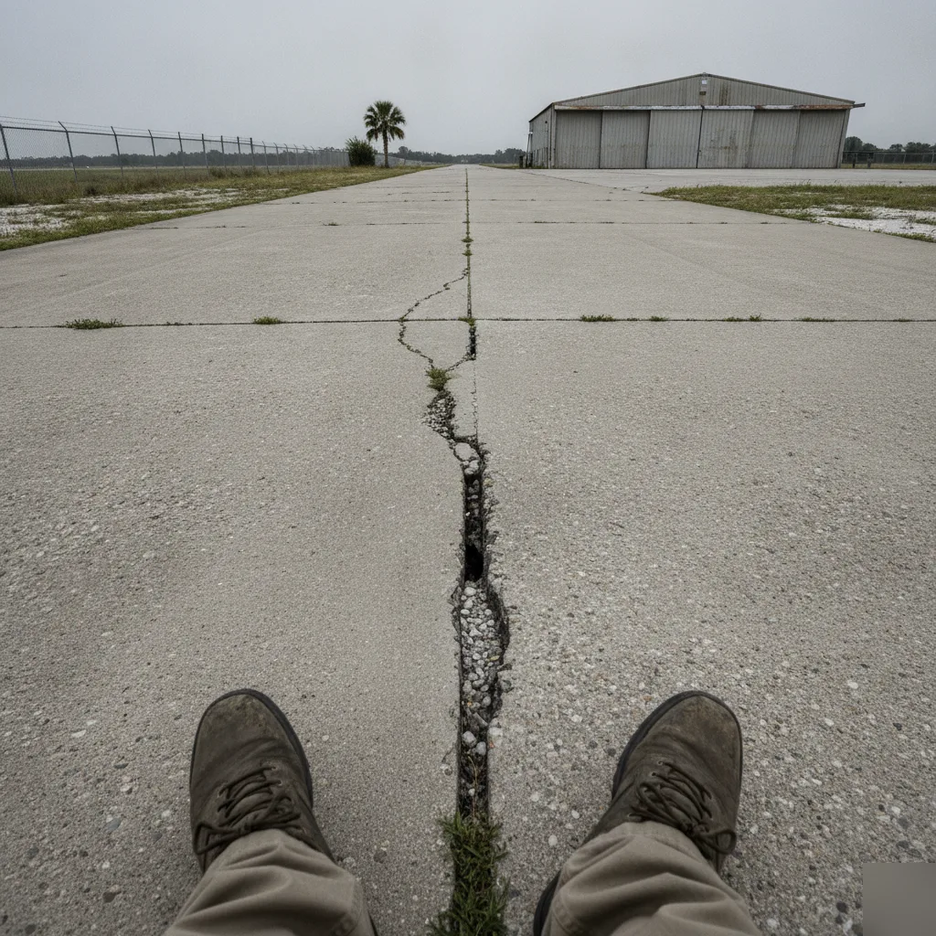 Settlement cracking on an airport runway slab viewed by the customer in Azalea Park, FL