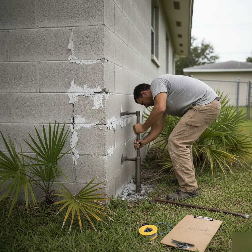 Hydraulic jack repairing a cracked block and base foundation wall in Azalea Park, FL