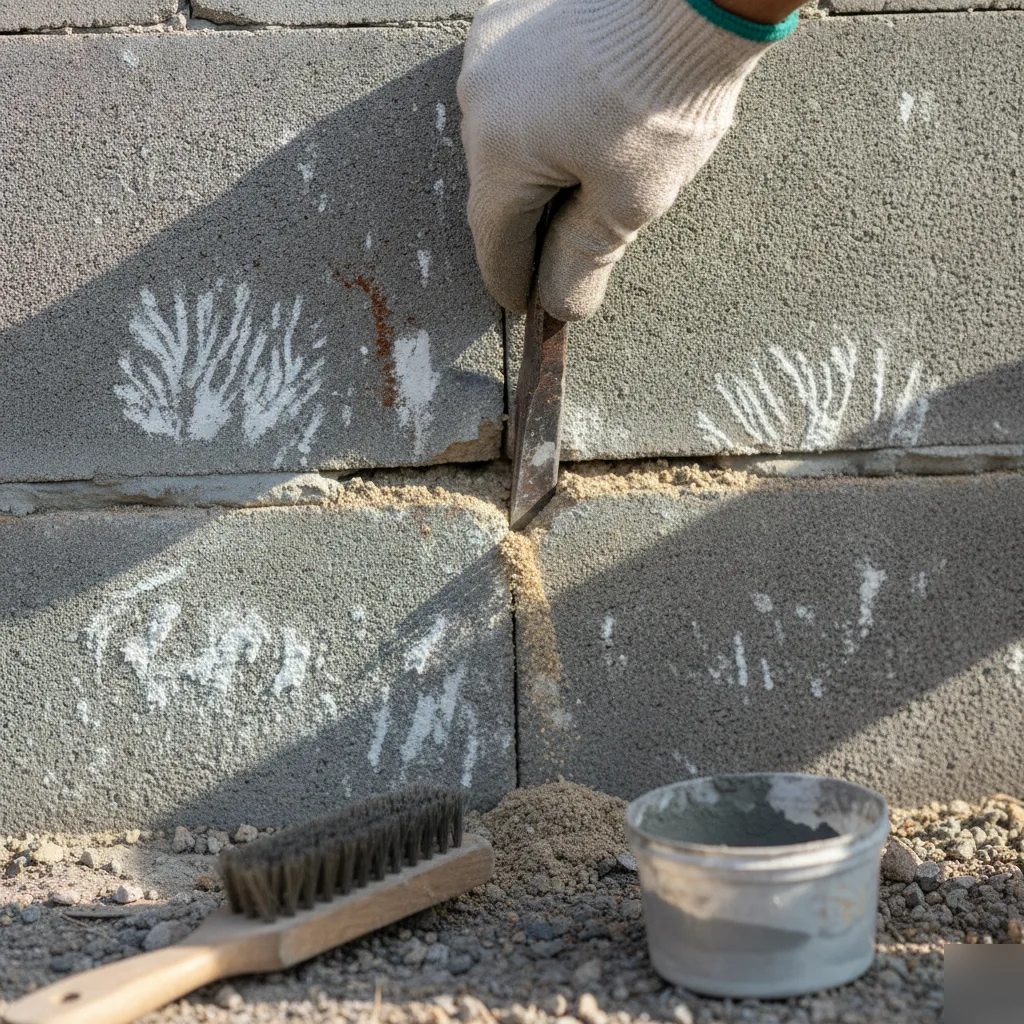 A mason chiseling out a cracked mortar joint on a block foundation during repair in Azalea Park, FL