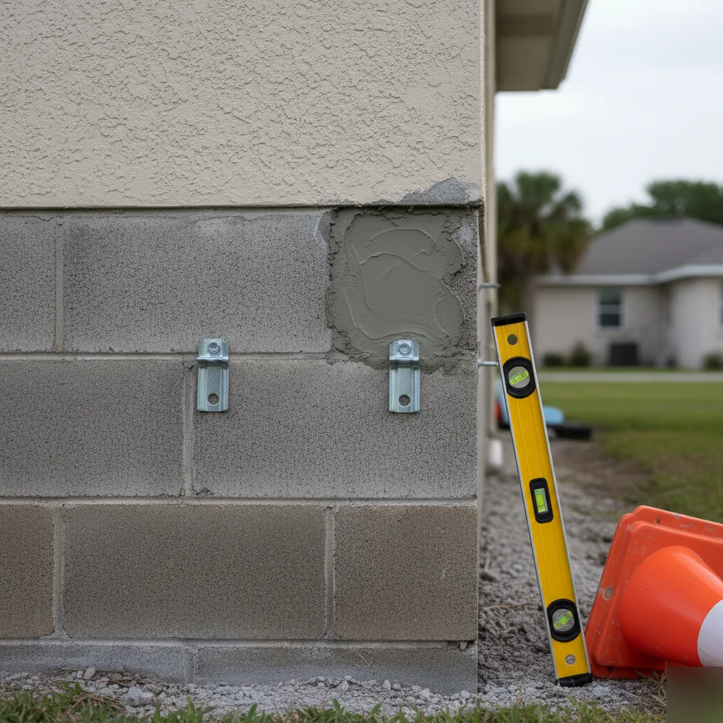 A completed block foundation repair with anchor brackets and fresh cement in Azalea Park, FL
