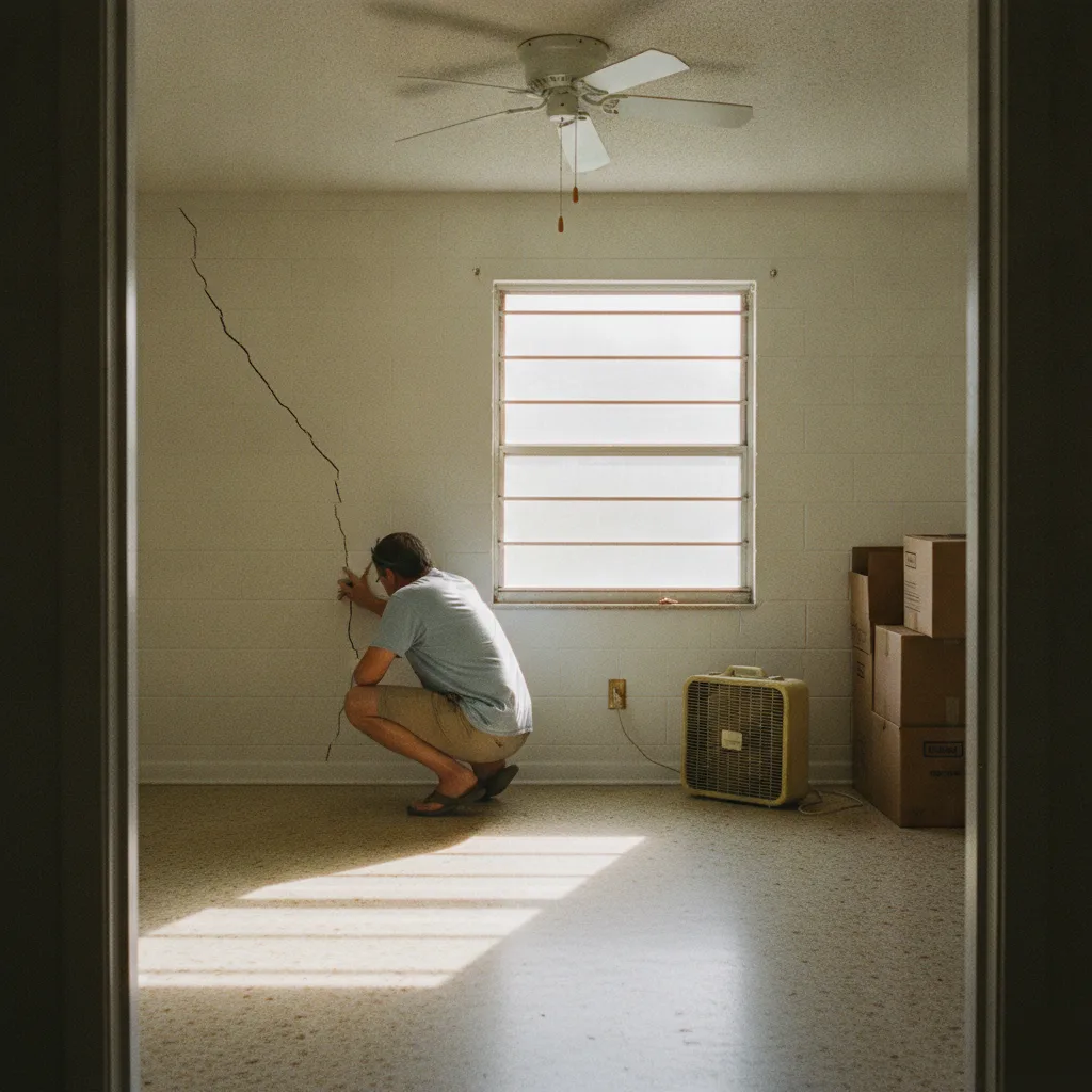 A homeowner inspecting a crack in an interior block wall in Azalea Park, FL