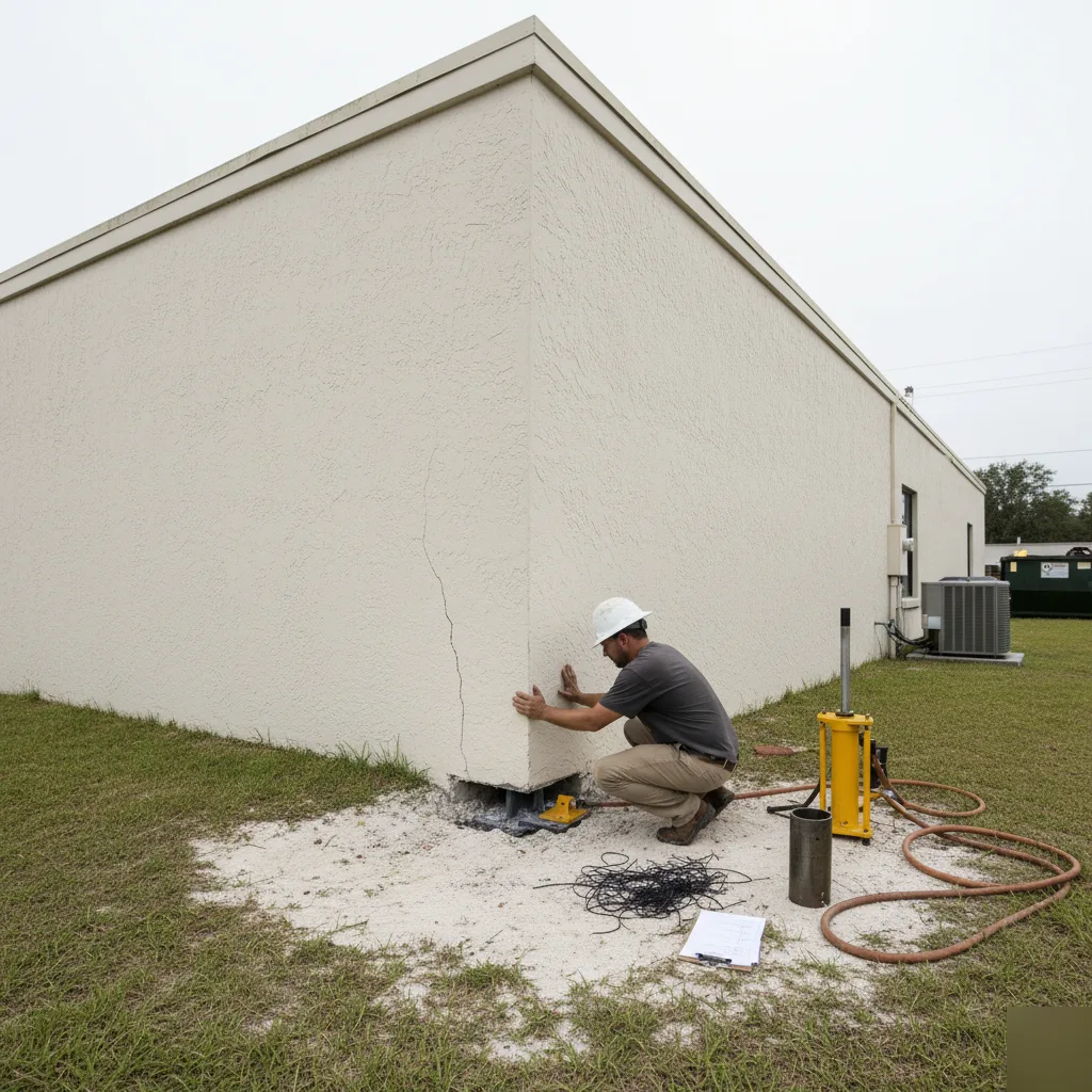 Hydraulic pier installation during a commercial foundation repair in Azalea Park, FL