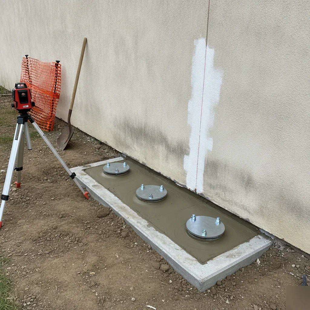 Completed commercial foundation repair with push pier caps and a patched footing in Azalea Park, FL