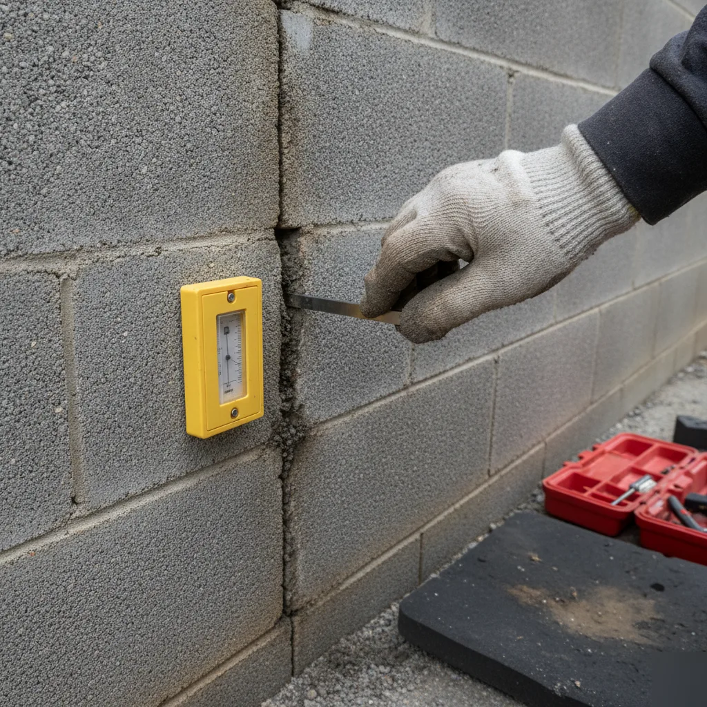 Measuring a stair-step crack along the mortar joints of a CMU block wall in Azalea Park, FL