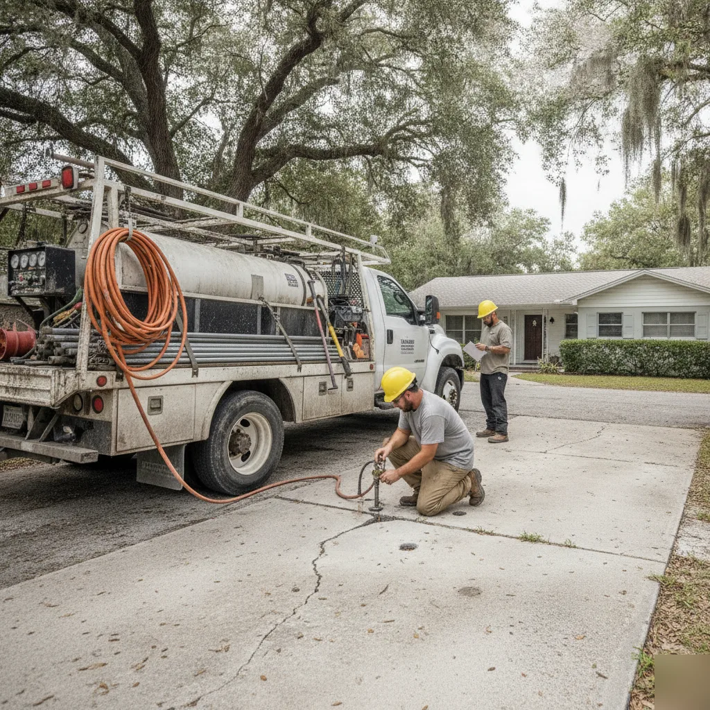Azalea Park Foundation Repair crew slab-leveling with a work truck at a property in Azalea Park, FL