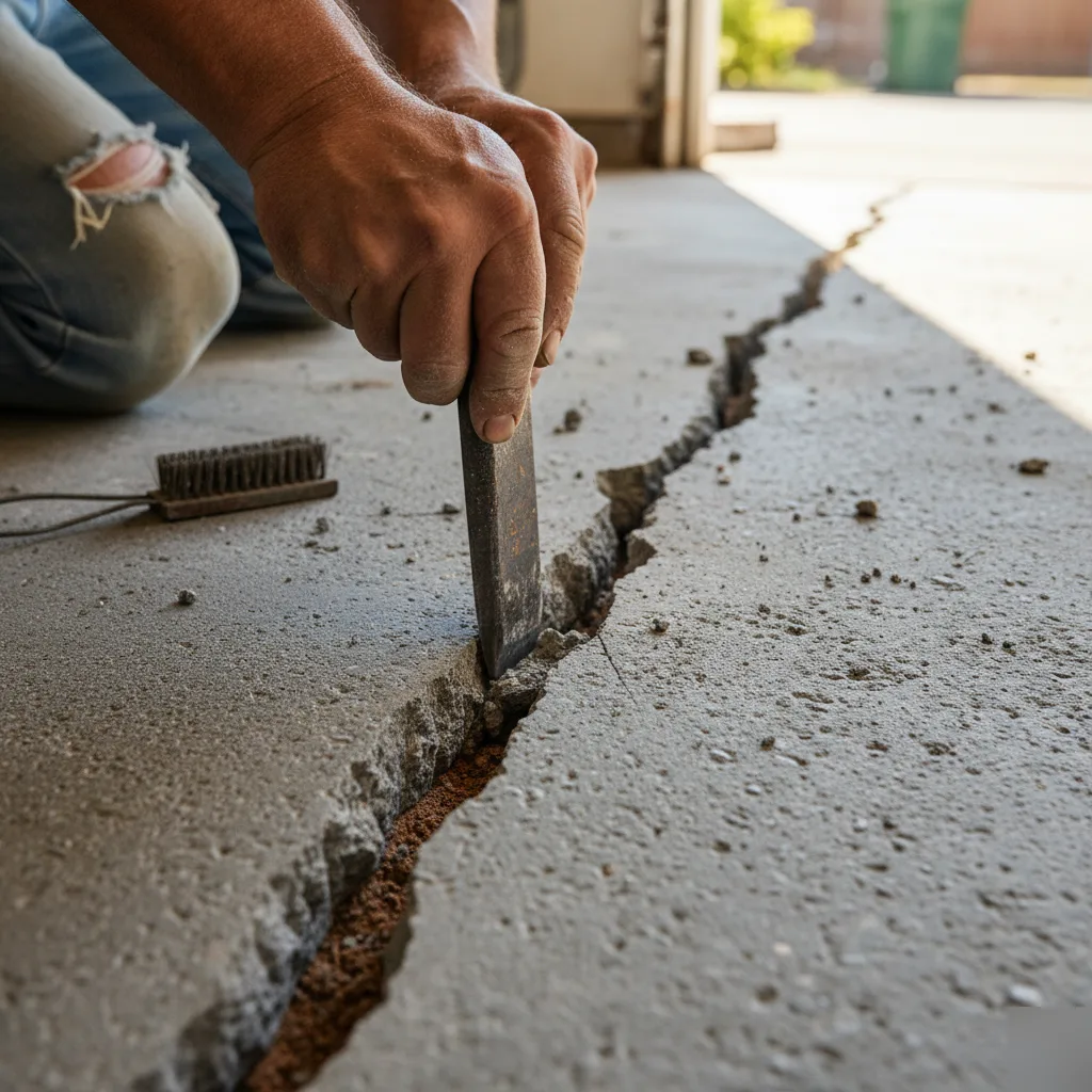 Chiseling out a concrete slab crack to prepare it for a lasting repair in Azalea Park, FL