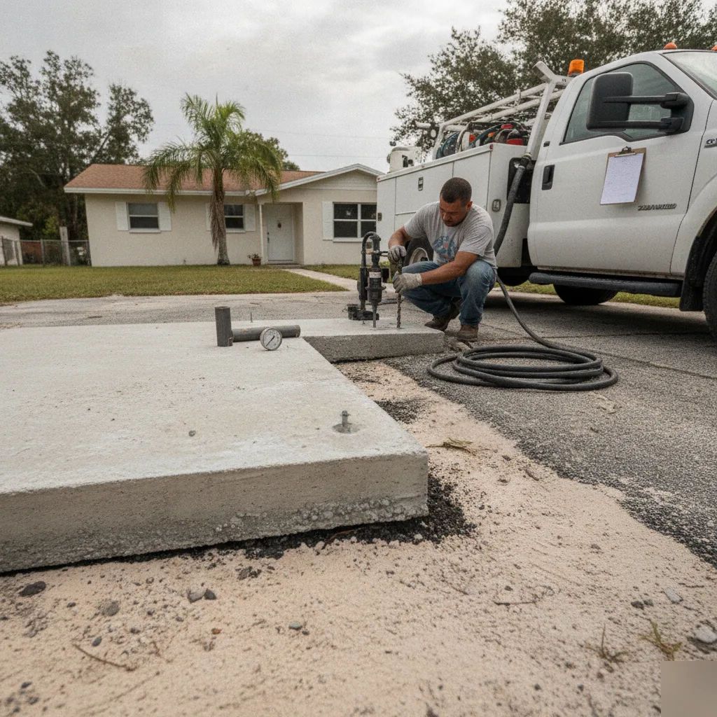Foundation construction crew injecting beneath a concrete slab in Azalea Park, FL
