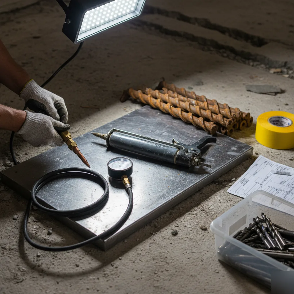 Helical pier shafts and installation tools at a foundation repair site in Azalea Park, FL