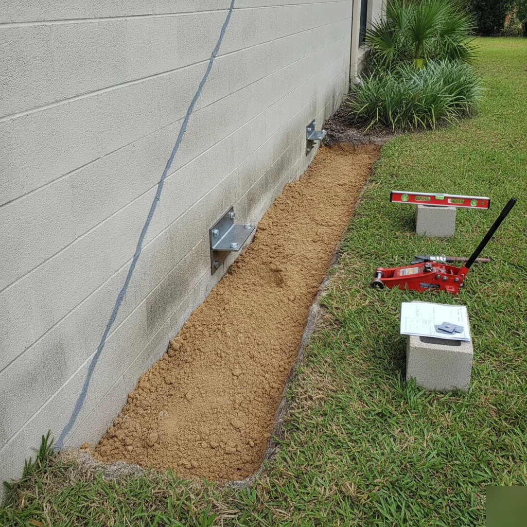 A helical pier bracket bolted to a stabilized foundation in Azalea Park, FL