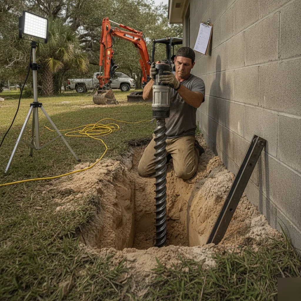 Helical pier being installed into sandy soil beneath a foundation in Azalea Park, FL