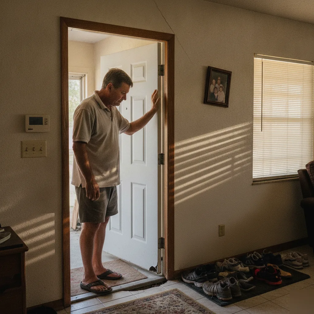 A homeowner pointing to a gap above a binding door, a sign of foundation settlement in Azalea Park, FL