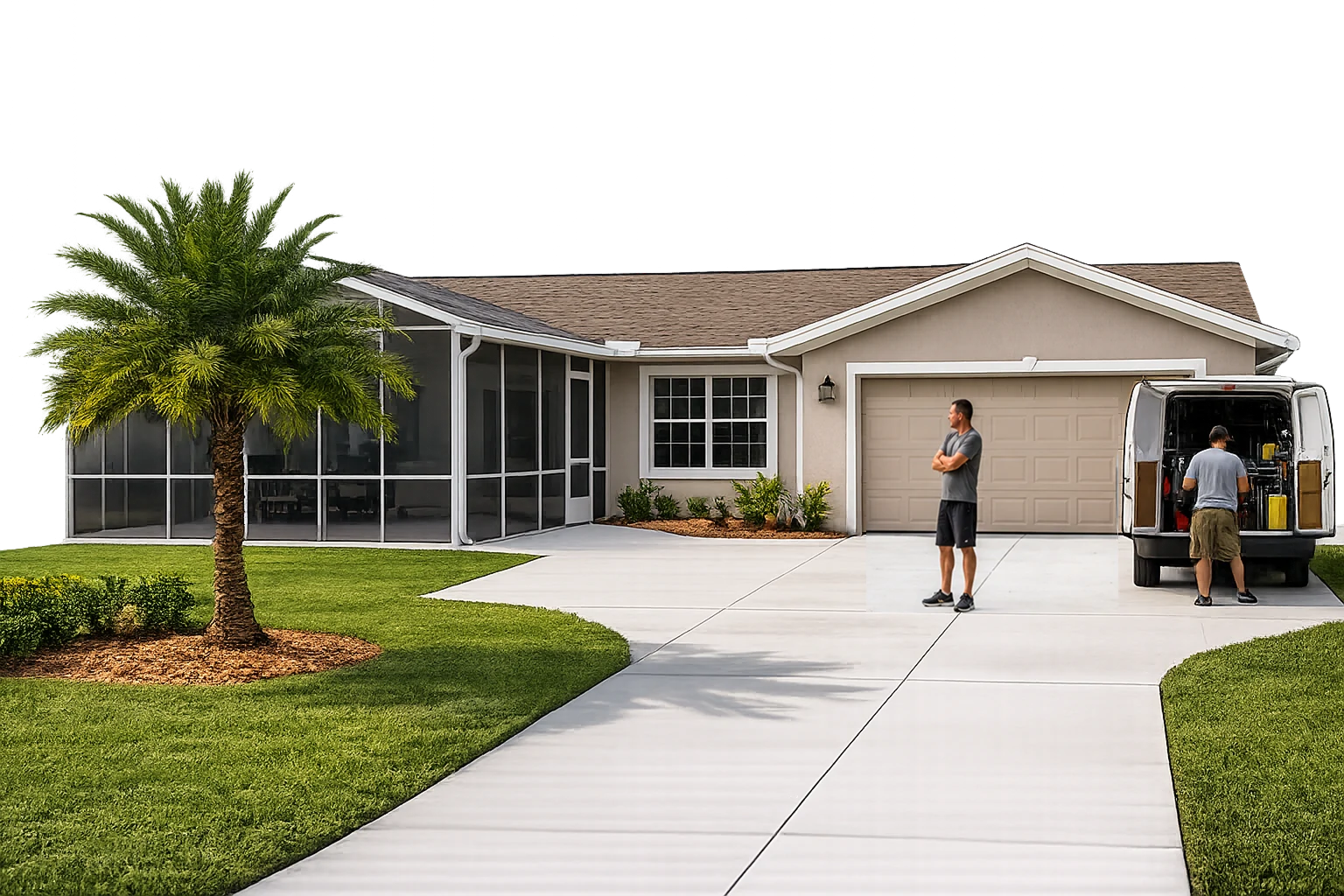 Azalea Park Foundation Repair crew with a service van at a screened-lanai home with a palm tree and concrete driveway in Azalea Park, FL