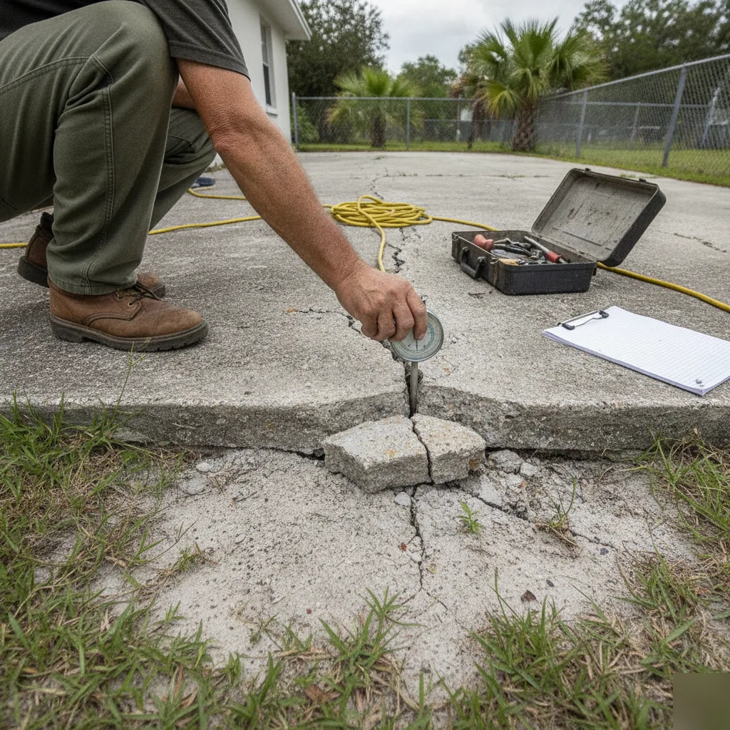 A dial gauge measuring slab movement during a house leveling job in Azalea Park, FL