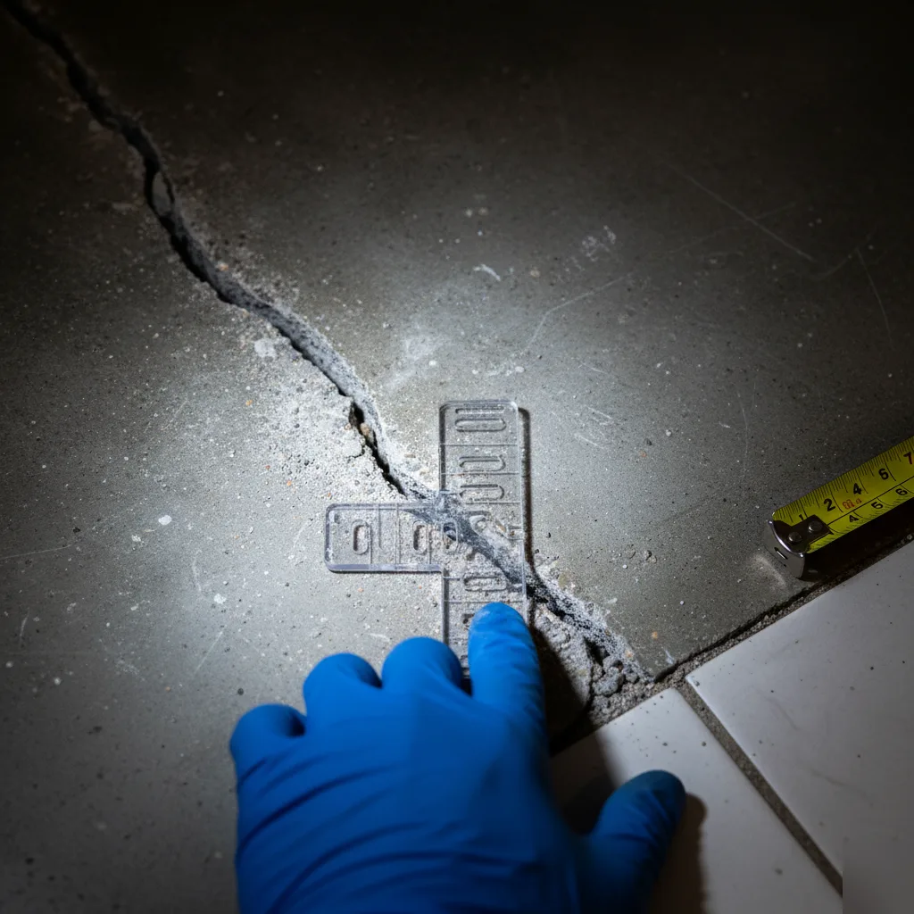 A technician measuring a crack in a settled concrete slab foundation in Azalea Park, FL