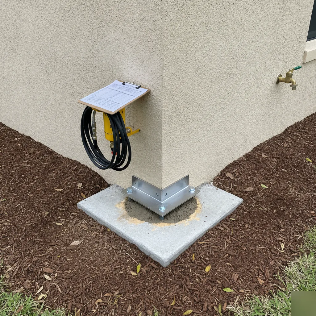 A completed injection pier bracket securing a repaired foundation in Azalea Park, FL