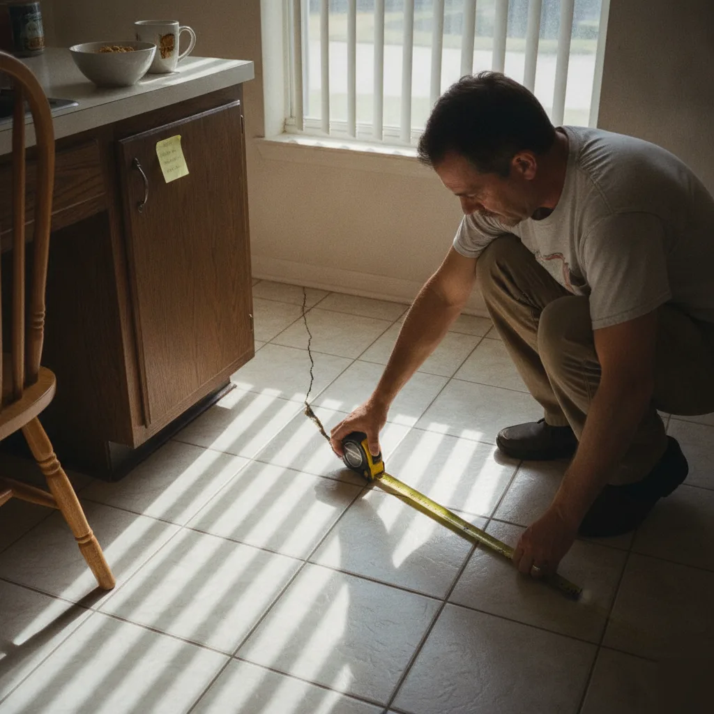 A foundation settlement crack running through kitchen floor tile in Azalea Park, FL