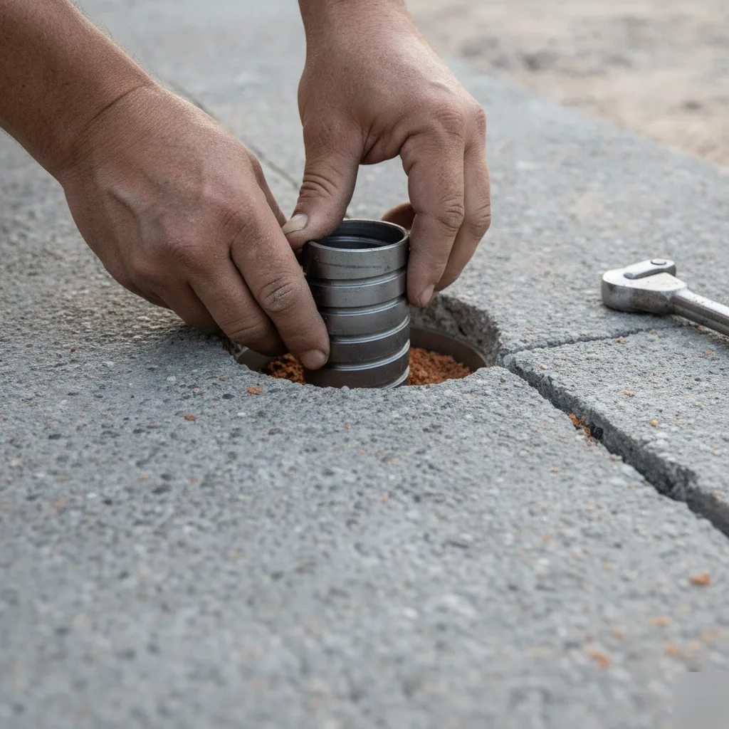 Close-up of an injection pier sleeve set into a concrete slab in Azalea Park, FL