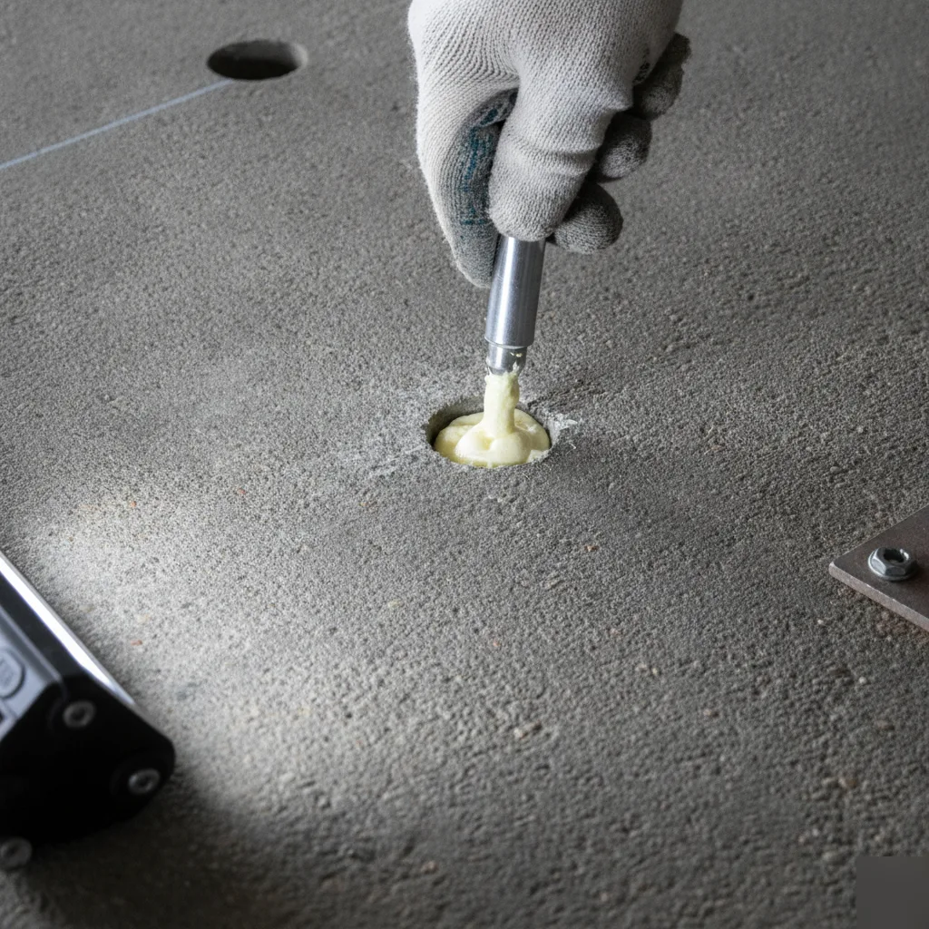 A foam injection port drilled into a settled concrete dock apron for leveling in Azalea Park, FL