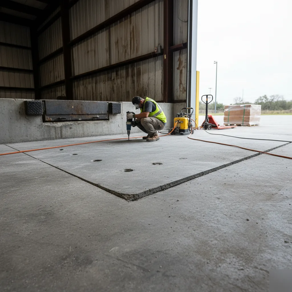 Foam injection leveling a settled loading dock concrete apron in Azalea Park, FL