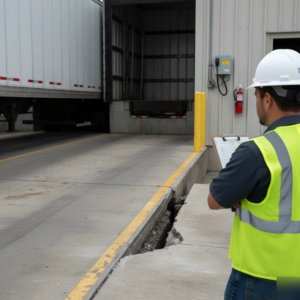 A warehouse manager inspecting a settled loading dock concrete slab in Azalea Park, FL