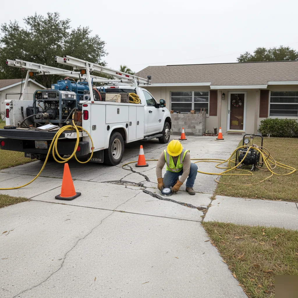 Masonry foundation repair work truck on site in Azalea Park, FL