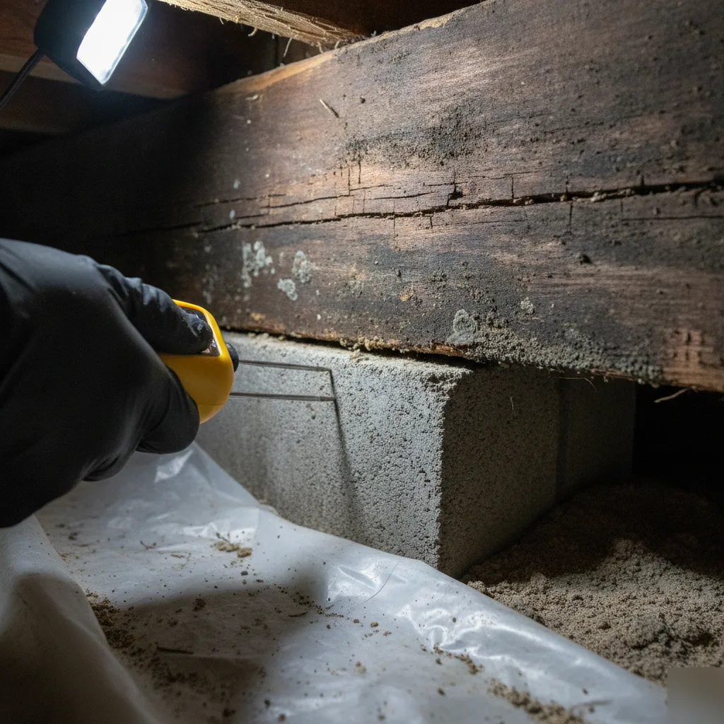 A moisture meter reading high humidity on a wooden sill plate in a pier and beam crawl space in Azalea Park, FL