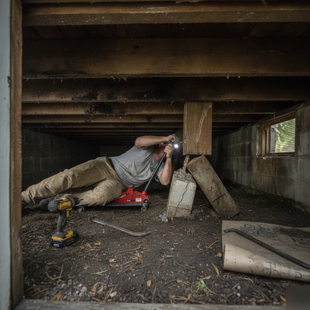 Worker repairing a pier and beam foundation in a crawl space in Azalea Park, FL