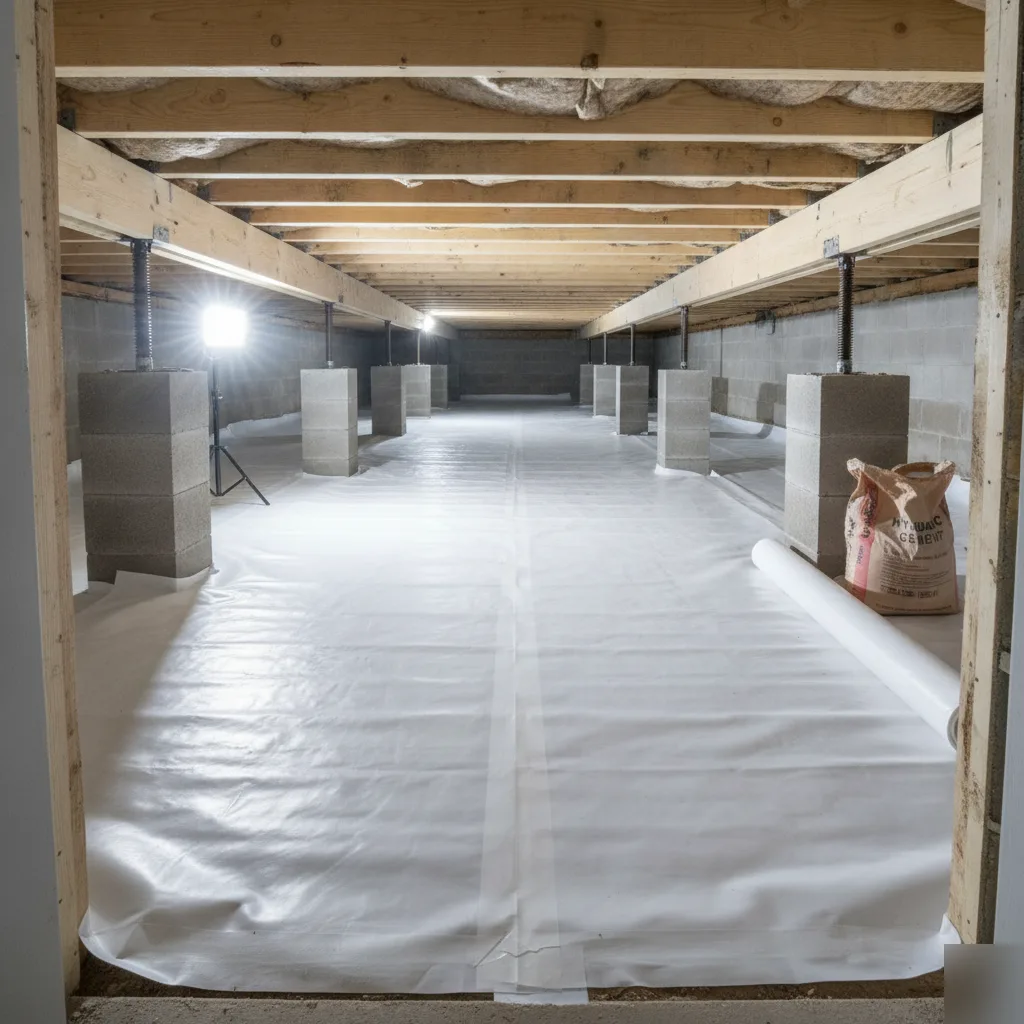 A repaired pier and beam crawl space with a new vapor barrier installed in Azalea Park, FL
