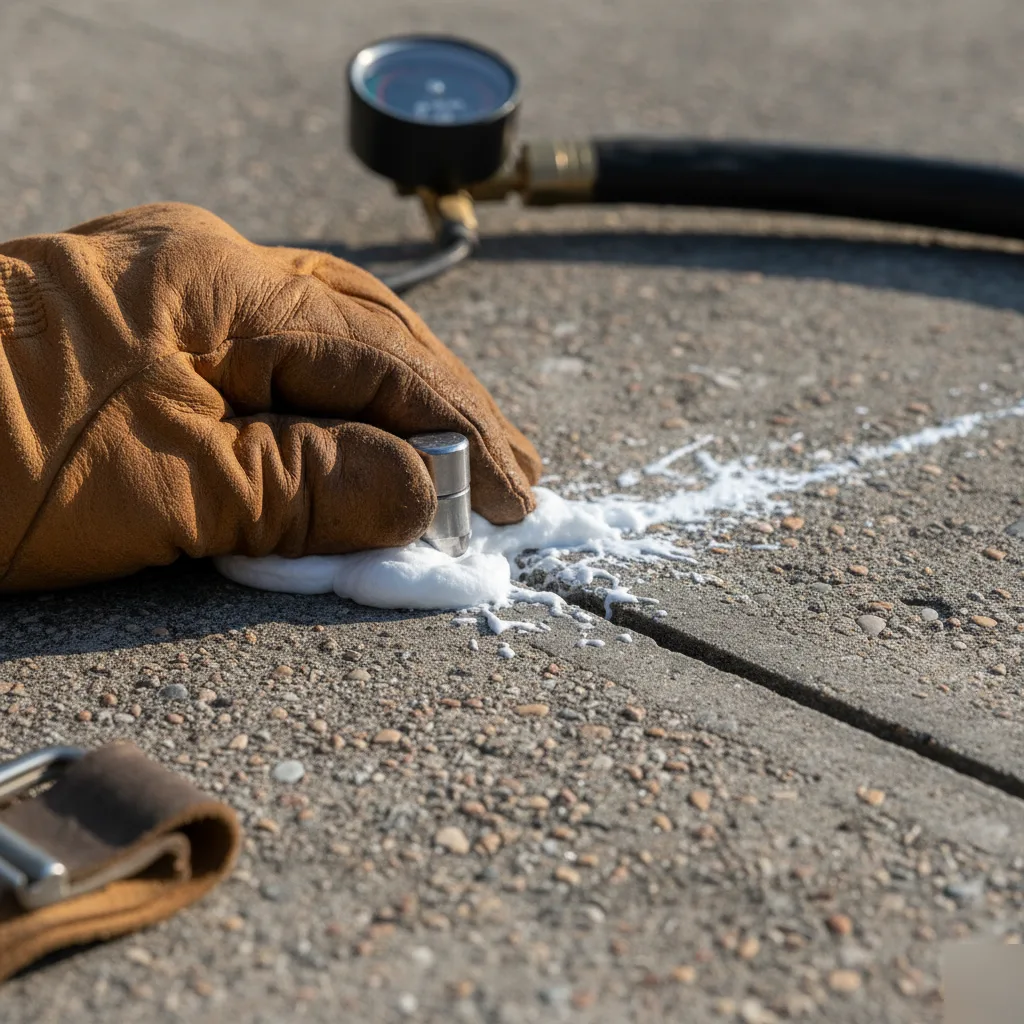 An injection nozzle delivering polyurethane foam through a port in a concrete pool deck in Azalea Park, FL
