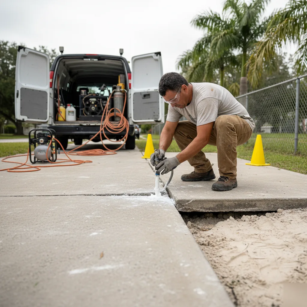 Polyurethane foam injection lifting a sunken driveway slab in Azalea Park, FL