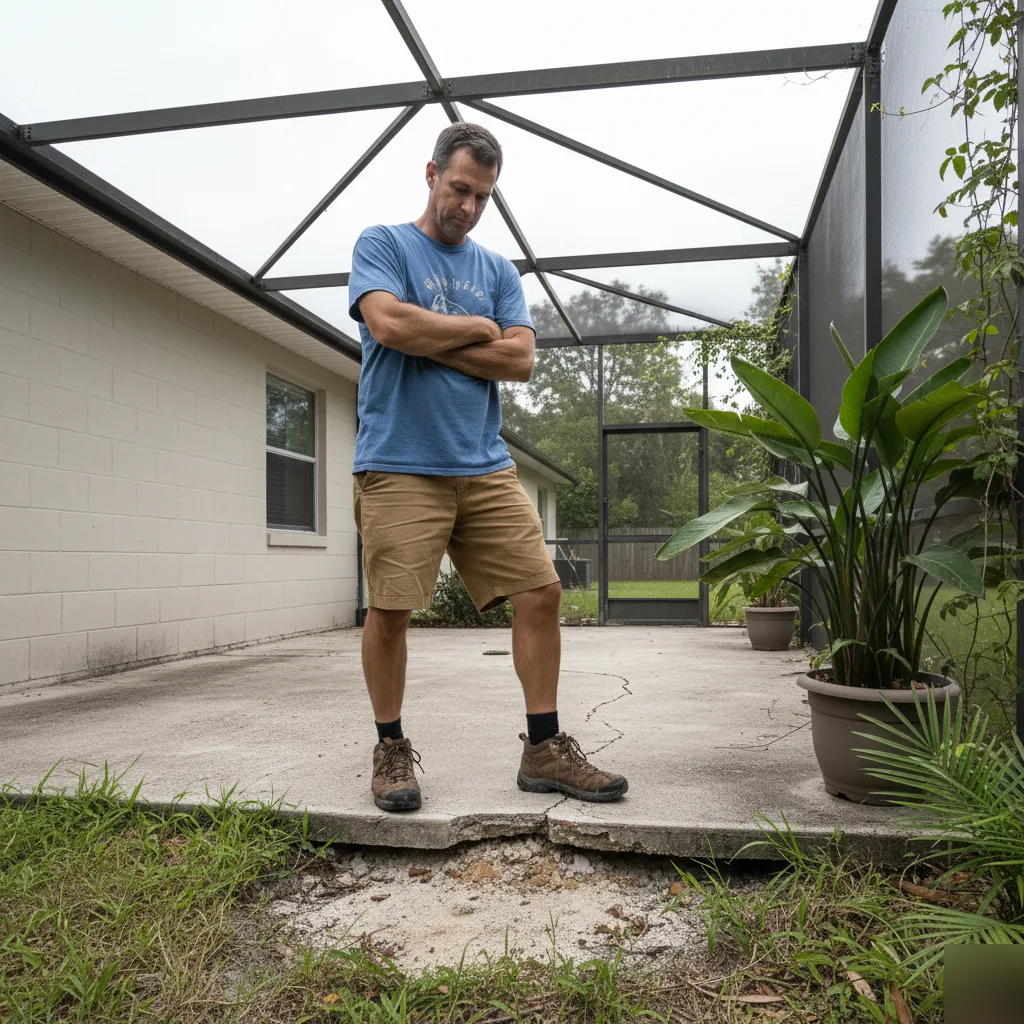 A homeowner inspecting a settled patio slab pulling away from the foundation in Azalea Park, FL