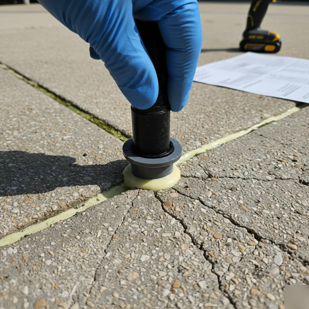 Close-up of a polyurethane foam injection port set into a cracked pool deck slab in Azalea Park, FL