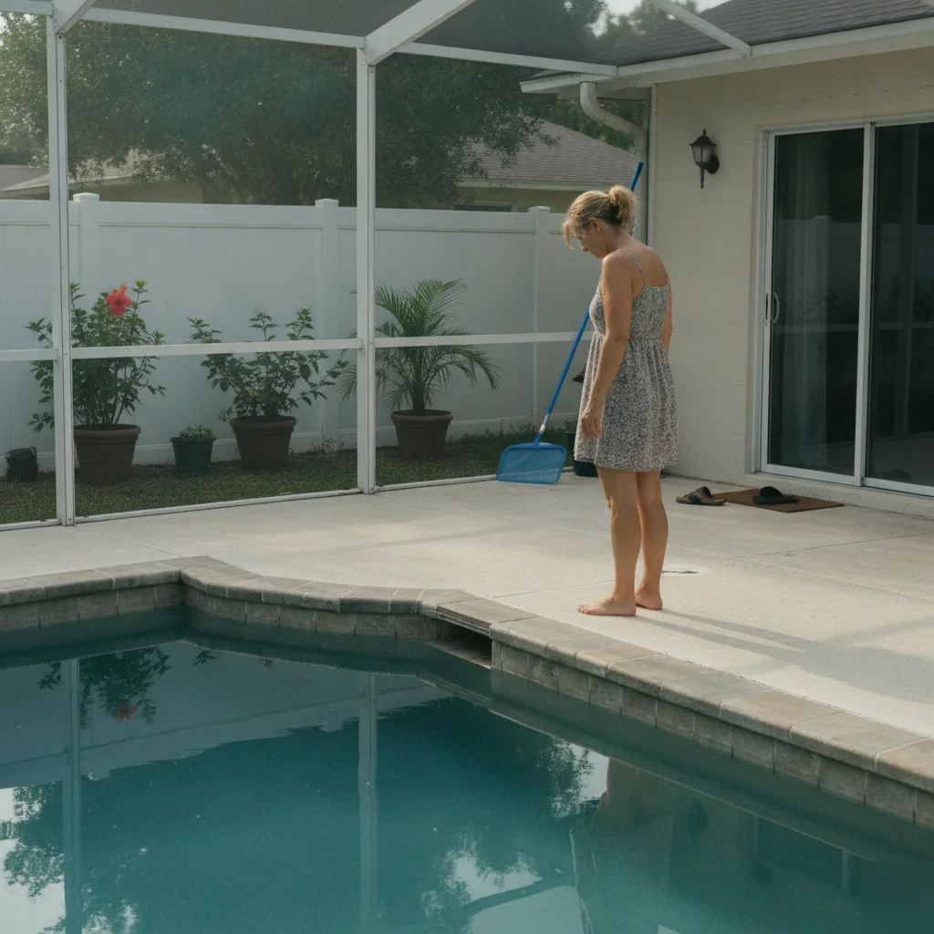 A homeowner noticing a gap where a sunken pool deck has pulled away from the coping in Azalea Park, FL
