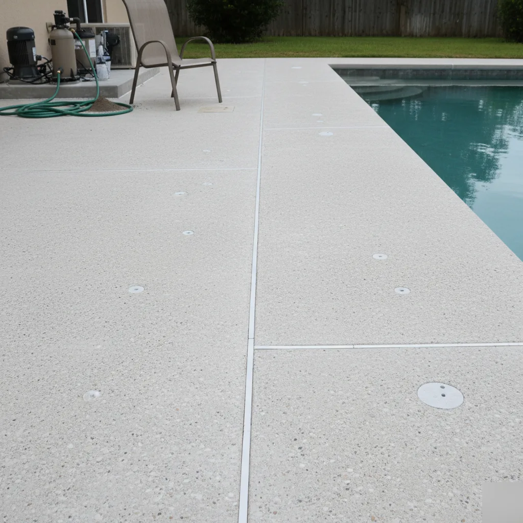 A finished pool deck sitting flush with the coping after foam leveling in Azalea Park, FL