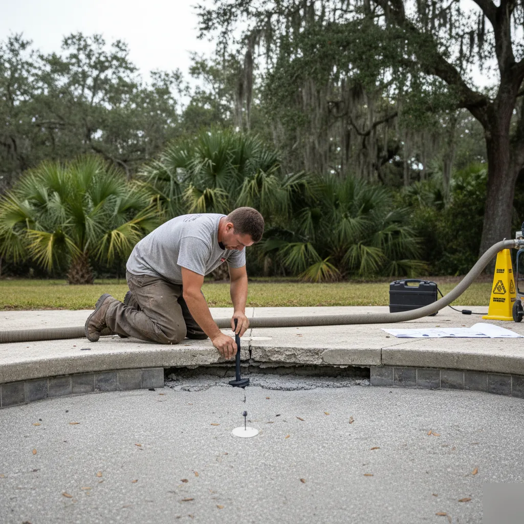 Foam injection leveling a sunken pool deck slab in Azalea Park, FL
