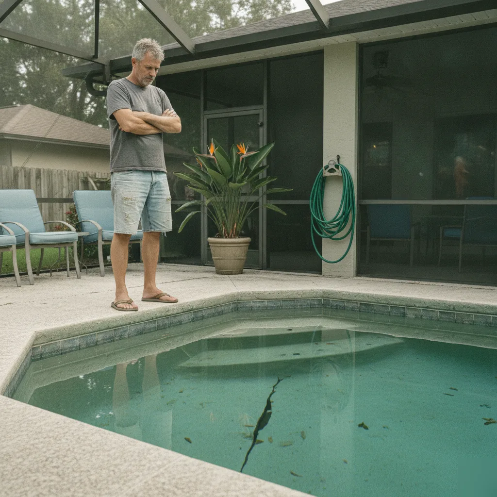 A homeowner inspecting a warning crack signaling pool shell movement in Azalea Park, FL