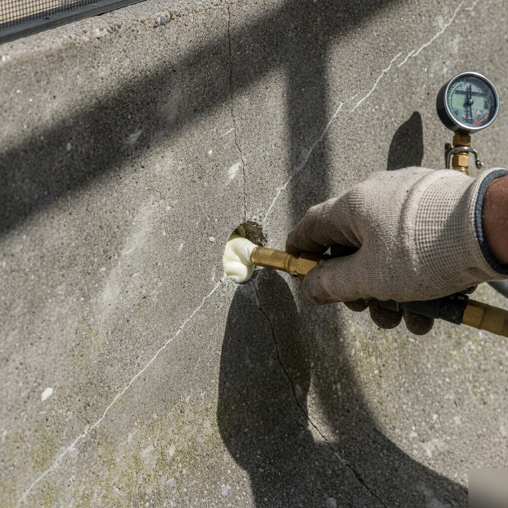 Foam injection port stabilizing a gunite pool shell wall in Azalea Park, FL