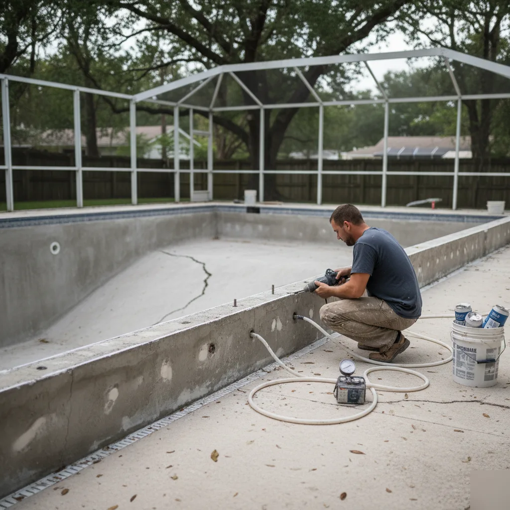A technician drilling injection access holes in a cracked gunite pool shell during stabilization in Azalea Park, FL