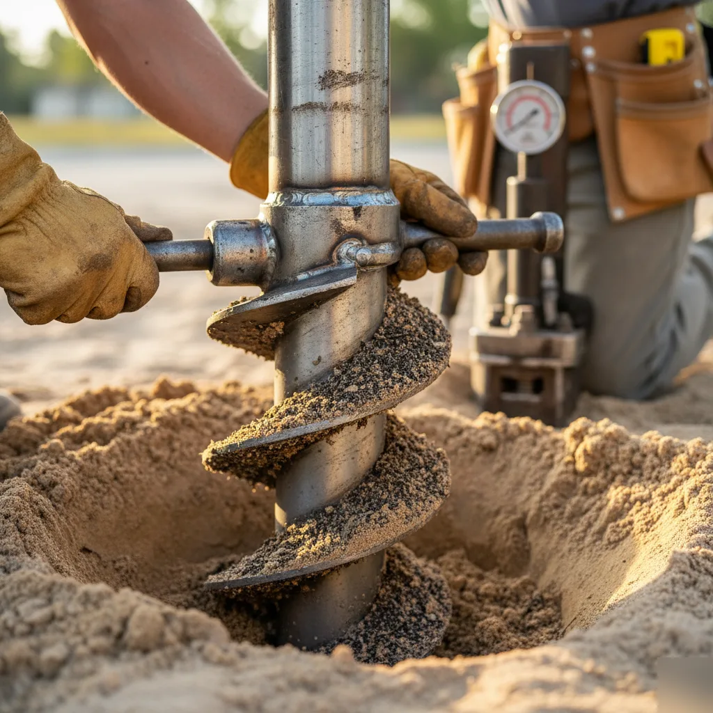 Close-up of a helical pier shaft turning into loose sandy soil on an open lot in Azalea Park, FL