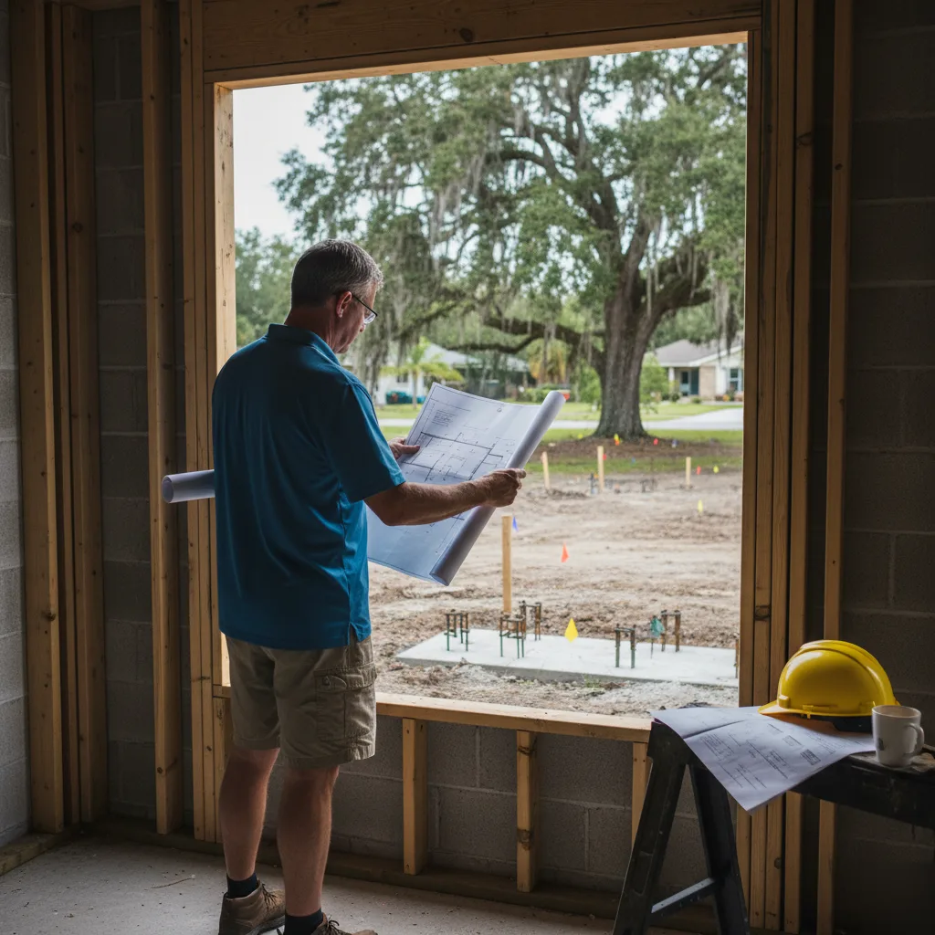 A homeowner reviewing pier foundation plans with a contractor on a new build site in Azalea Park, FL