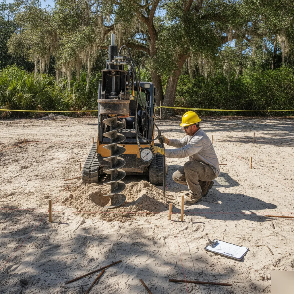 Pre-construction helical pier drive for a new foundation in Azalea Park, FL