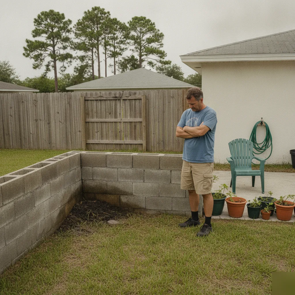 A homeowner noticing leaning and cracking failure signs on a backyard retaining wall in Azalea Park, FL