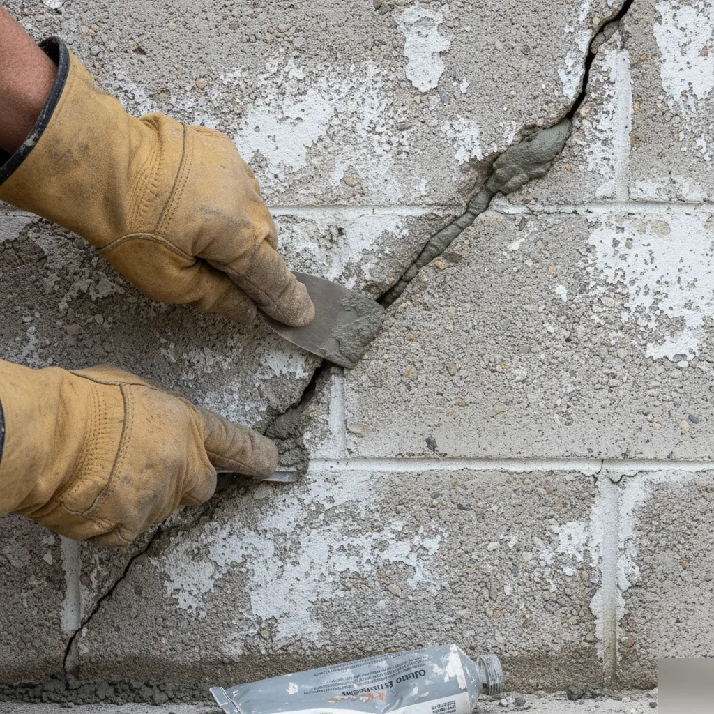 Hydraulic cement being applied to repair a crack in a retaining wall in Azalea Park, FL
