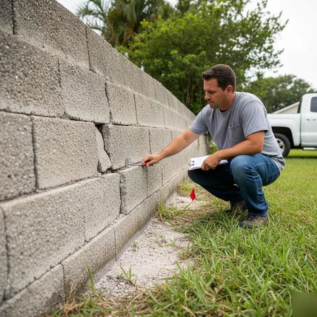 Inspecting a cracked masonry retaining wall before repair in Azalea Park, FL