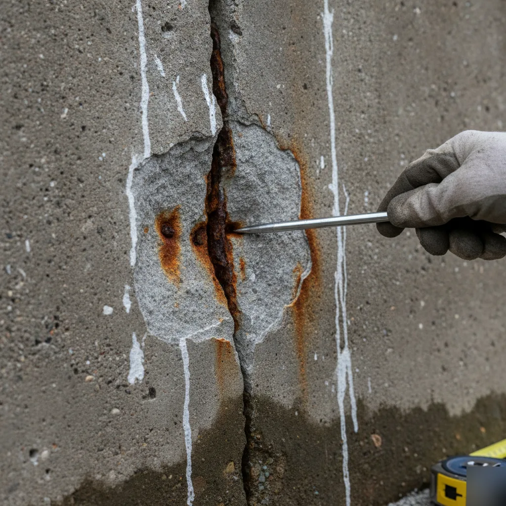 Spalling concrete with exposed rebar being probed for crack damage on a seawall in Azalea Park, FL