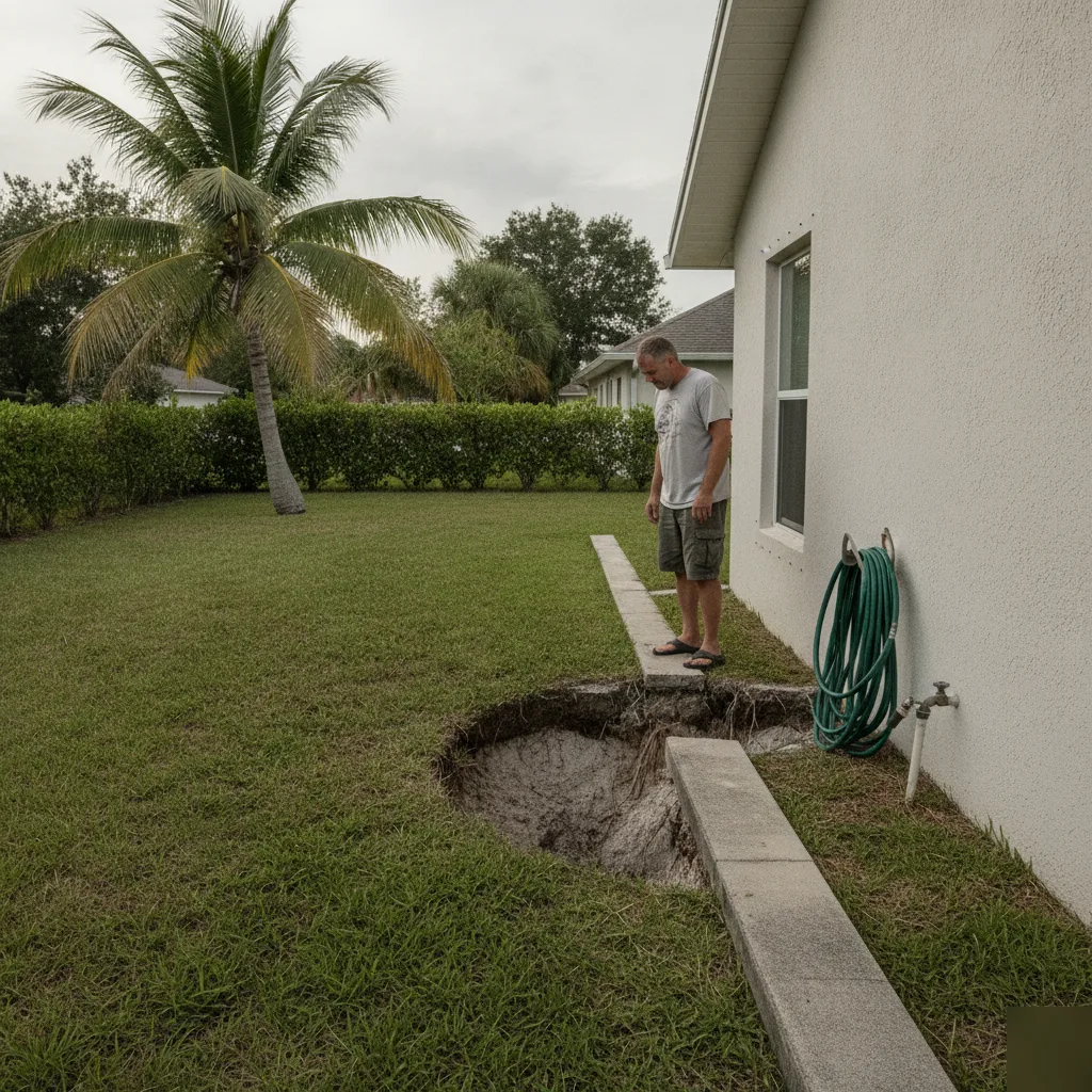 A homeowner inspecting soil void erosion behind a failing seawall in Azalea Park, FL