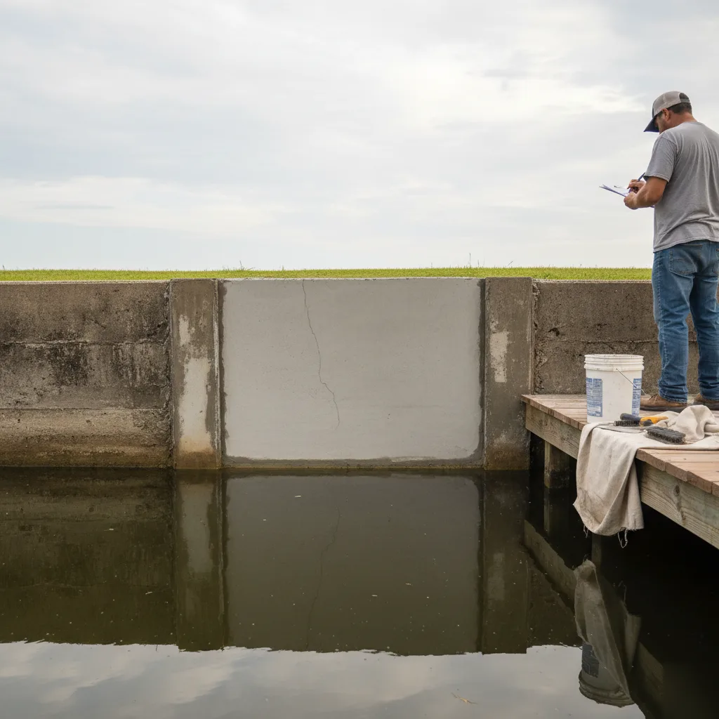 A completed seawall repair with sealed cracks and fresh cement in Azalea Park, FL