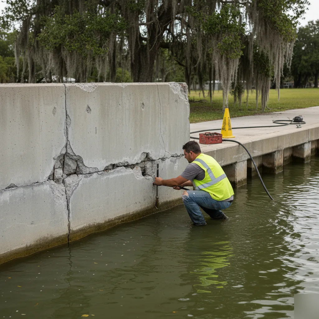 Cracked concrete seawall panel along a canal in Azalea Park, FL